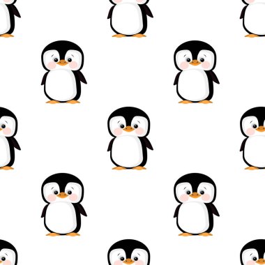 Beyaz arka planda izole edilmiş sevimli penguen karakterleri. Yavru penguenler kusursuz desen.