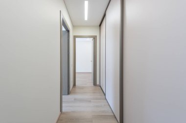 Açık ahşap zeminli ve pürüzsüz beyaz duvarlı zarif ve temiz koridor tasarımı. Geniş ve davetkar bir atmosfer yaratıyor, modern daireler ya da evler için mükemmel..