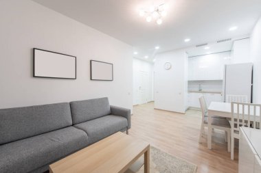 Zarif dekorasyon, ahşap döşeme ve modern mobilyalar içeren parlak ve davetkâr bir minimalist oturma odası ve entegre mutfak, zarif ve temiz iç tasarım için ideal.