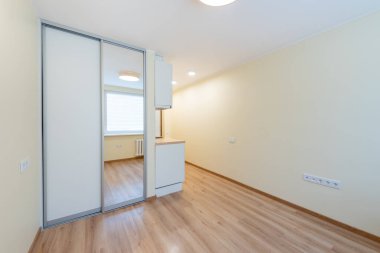 Parlak ahşap döşeme, beyaz duvarlar, sürgülü ayna kapısı ve geniş bir pencereden gelen parlak doğal ışık içeren boş çağdaş oda.