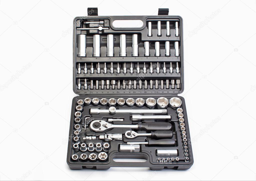 Socket wrench in toolbox. New opened tool kit. Mechanic instruments. Auto repair concept