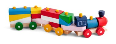 Wooden toy train with colorful blocs isolated over white clipart