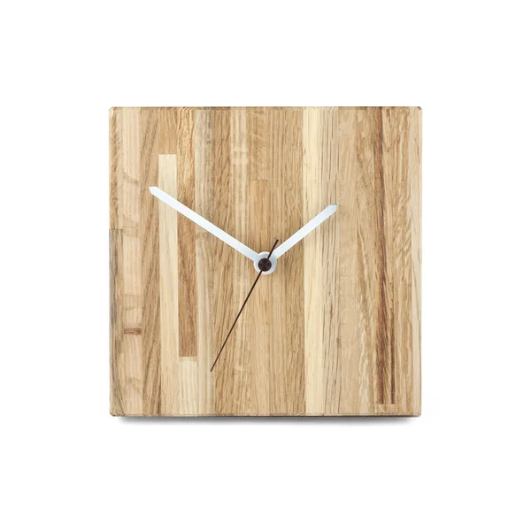 Montre murale en bois simple - Horloge carrée isolée sur fond blanc — Photo