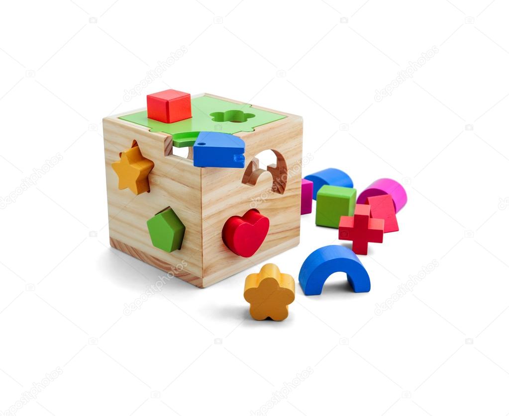 Wooden puzzle toy with colorful blocs isolated over white