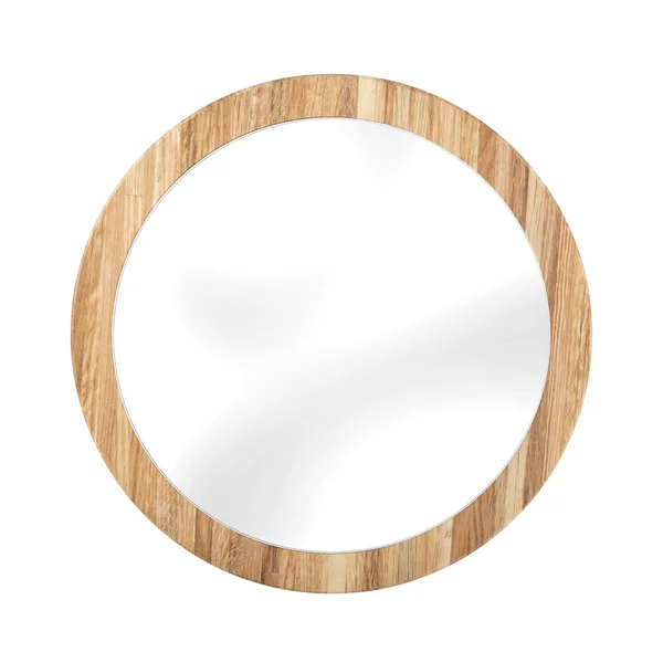 Rounded mirror in oak wooden frame - isolated on white — Stock Photo, Image