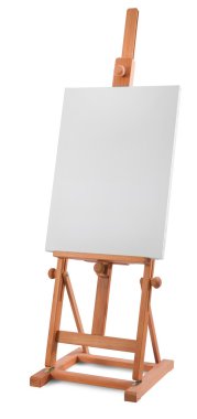 Beyaz ressam tuval üzerine ahşap şövale üzerinde beyaz klibi ile izole