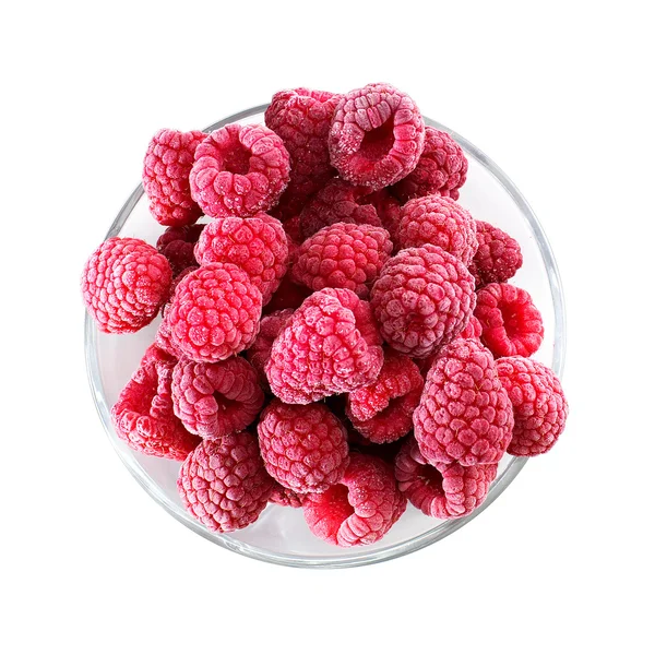 Gefrorene Himbeeren in einer Glasschüssel - Draufsicht - isoliert an Pfingsten — Stockfoto