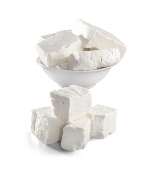 White cheese in white bowl - domestic kitchen food - isolated on