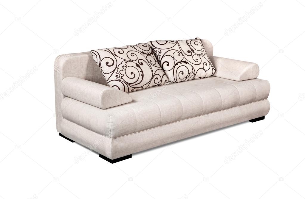 Upholstery sofa set with varies pattern pillows isolated on whit