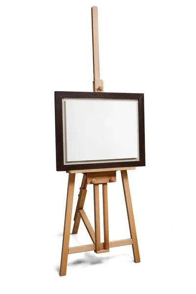 Полотно білого художника в рамці на дерев'яному мольберті з відсічним контуром — стокове фото