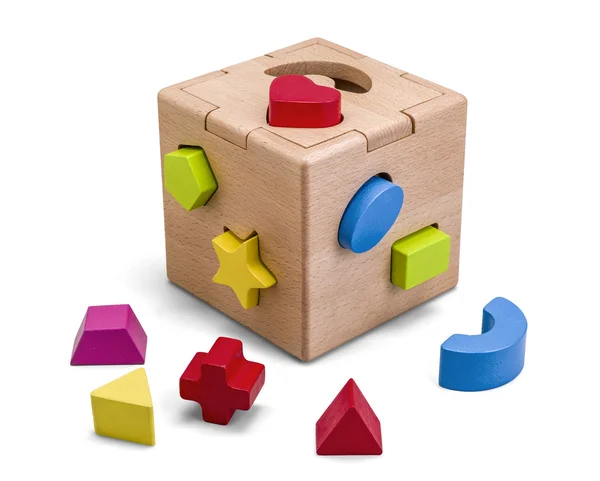 Wooden puzzle box toy with colorful blocs isolated on white with — Stock Photo, Image