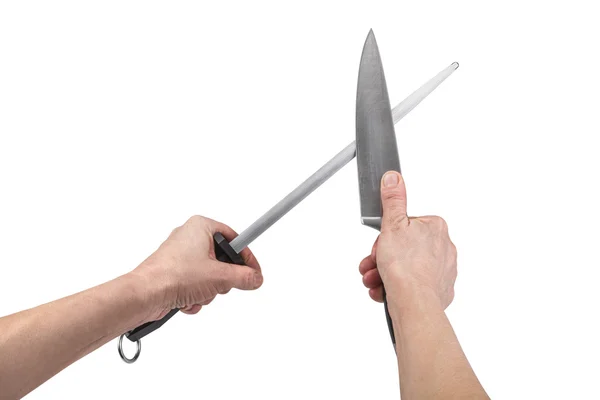 Técnica de afilado de la mano del cuchillo - aislado en blanco con clippin — Foto de Stock