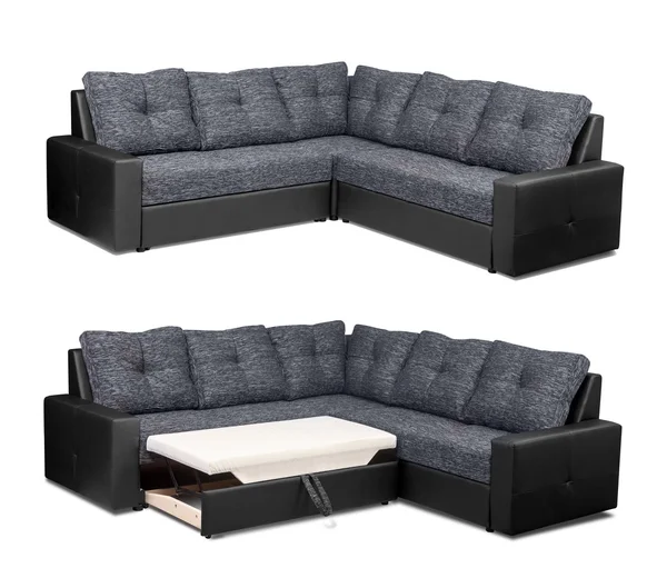 Eckpolster Sofa mit Kissen isoliert auf weißem Hintergrund mit Clipping-Pfad lizenzfreie Stockbilder