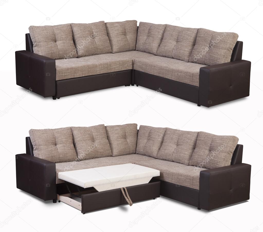 Corner upholstery sofa set with pillows isolated on white background with clipping path