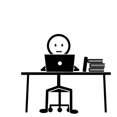 Stickman ofis masasında dizüstü bilgisayarla çalışıyor.