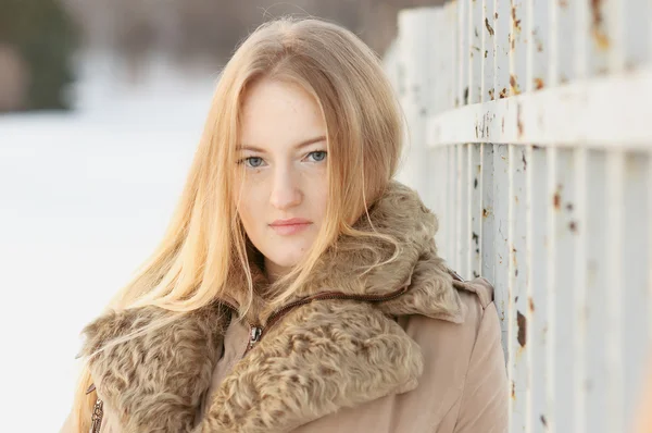 Hermosa chica de pie cerca de la valla en invierno — Foto de Stock