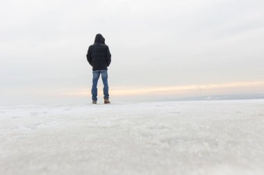 Kar üzerinde duran ve doğa izlerken insanın arkadan görünüm