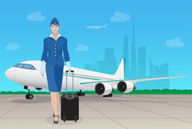 Hostes yakınındaki havaalanında uçak üniformalı. Vektör çizim