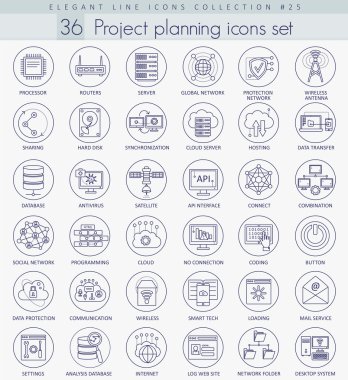 Vektör ağ teknolojisi anahat simgesini ayarla. Zarif ince çizgi stil tasarım.