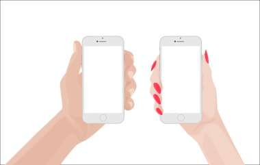 erkek ve kadın handsholding beyaz smartphone. Vektör çizim.