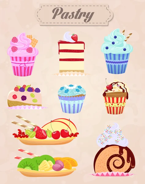 Conjunto de deliciosos ícones de comida. Cakes and Pastry Vector Illustration. Estilo vintage . — Vetor de Stock