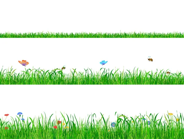 Green grass backgrounds borders with flowers, butterflies and bees. — Stock Vector