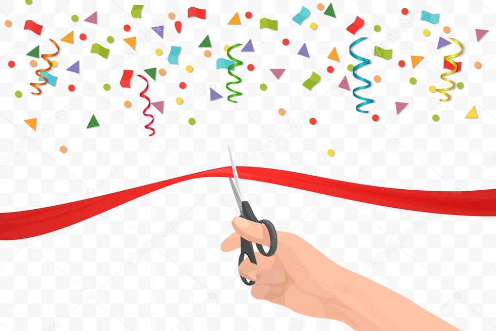 Hand holding scissors and cutting red ribbon on the transperant background with colorful confetti