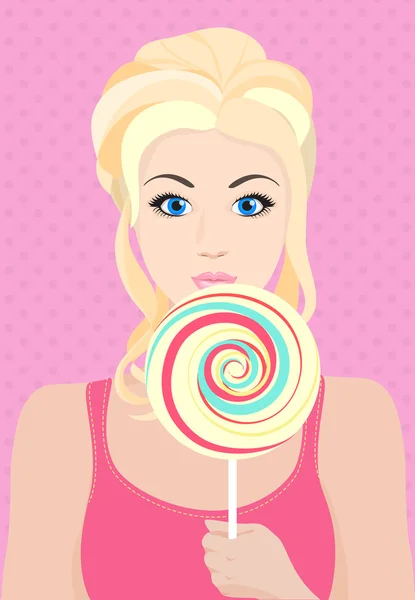 Beautiful blond model girl with big candy sweets in the pink background. — Stock Vector