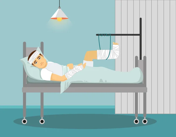 Man med brutet ben och hand på sjukhus. Vektor illustration. — Stock vektor