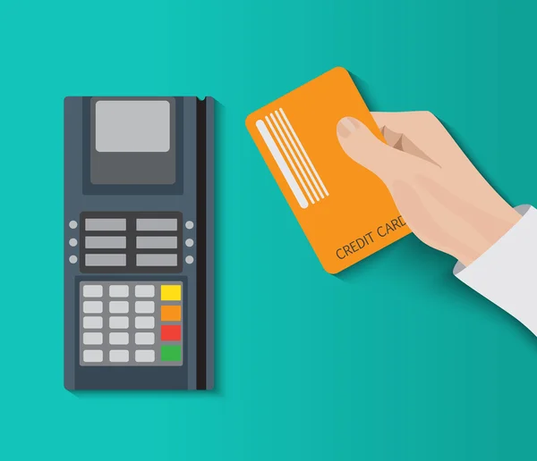 Hand houden van de creditcard en het gebruik van pos terminal. Snelle betaling. — Stockvector