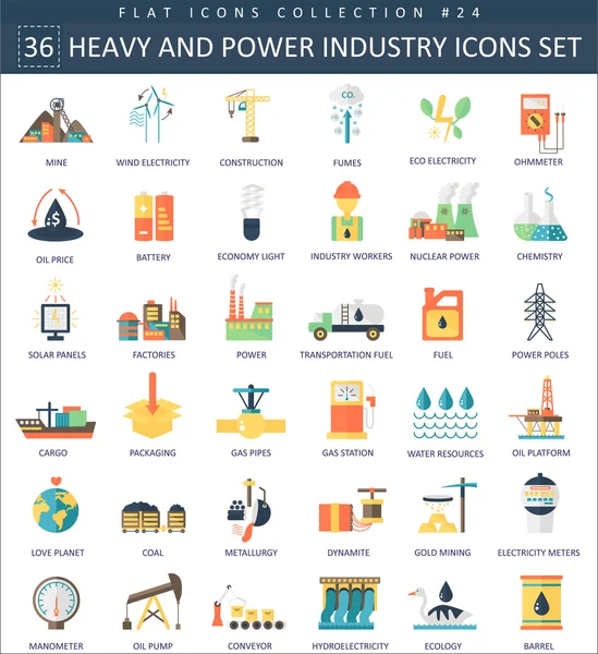벡터 무거운 및 전력 산업 색상 플랫 아이콘 설정합니다. 우아한 스타일의 디자인. — 스톡 벡터