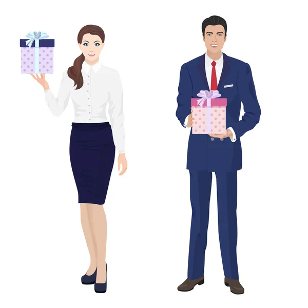 Young handsome businessman and beautiful busineswomen secretary with present gift box. — Stock Vector