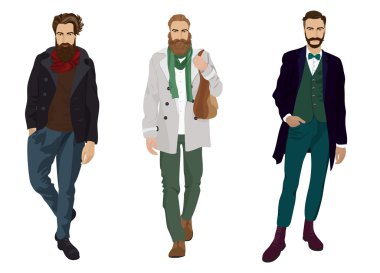 Yakışıklı genç adamlar hipster moda ve rahat kıyafetler izole.