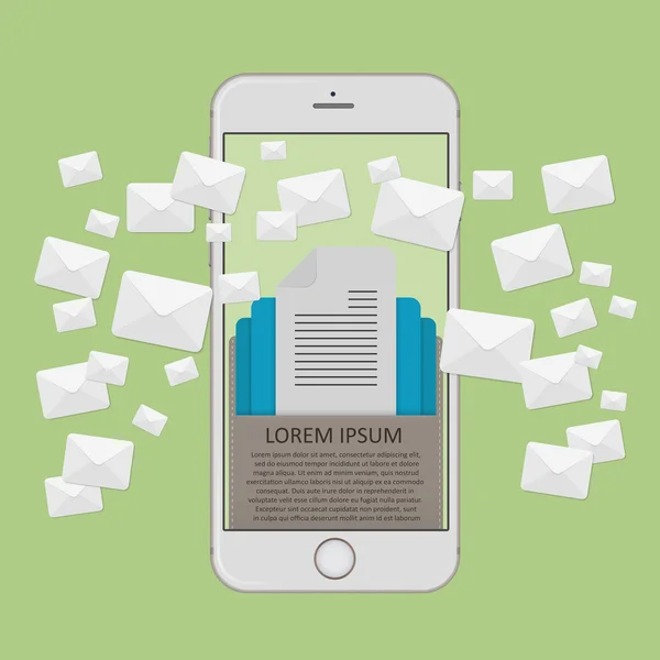 Sok borítékok üzenetek a smartphone képernyő. E-mail marketing koncepció. — Stock Vector