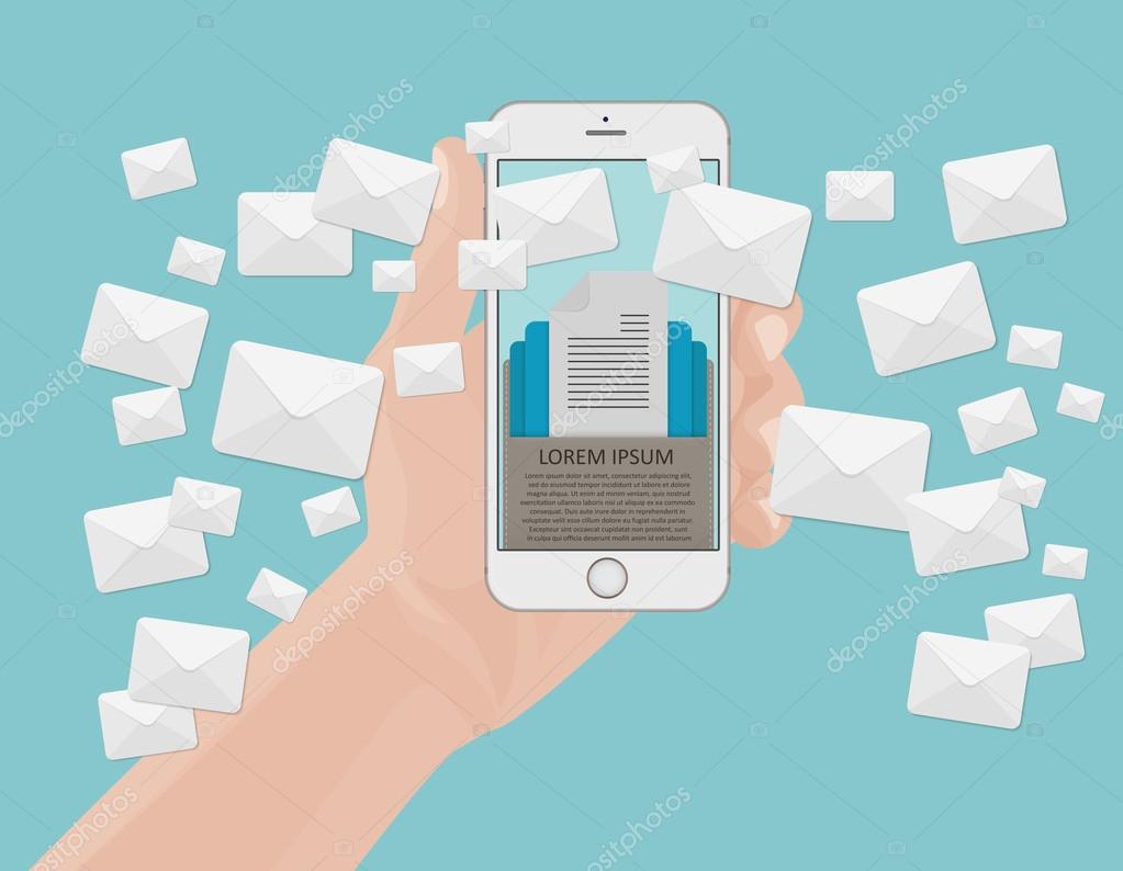 Many envelopes messages from smartphone screen in hand. Email marketing concept. Holding phone.