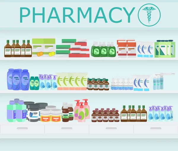 Modern pharmacy drugstore interior. Pills and Drugs with vitamins on Pharmacy Shelves. — Stock Vector