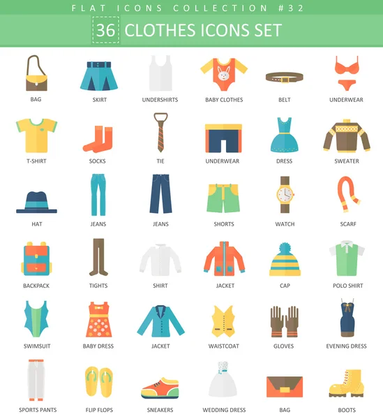 Conjunto de iconos planos de color Vector Clothes. Diseño de estilo elegante . — Vector de stock