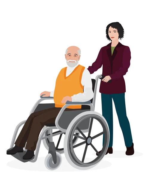 Giovane donna volontaria cura vecchio disabile in sedia a rotelle . — Vettoriale Stock