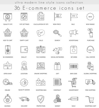 Vektör e-ticaret web ve uygulamalar için ultra modern anahat hattı simgeleri.
