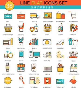 Vektör Alışveriş düz çizgi simgesi ayarlayın. Web için modern zarif stil tasarımı.