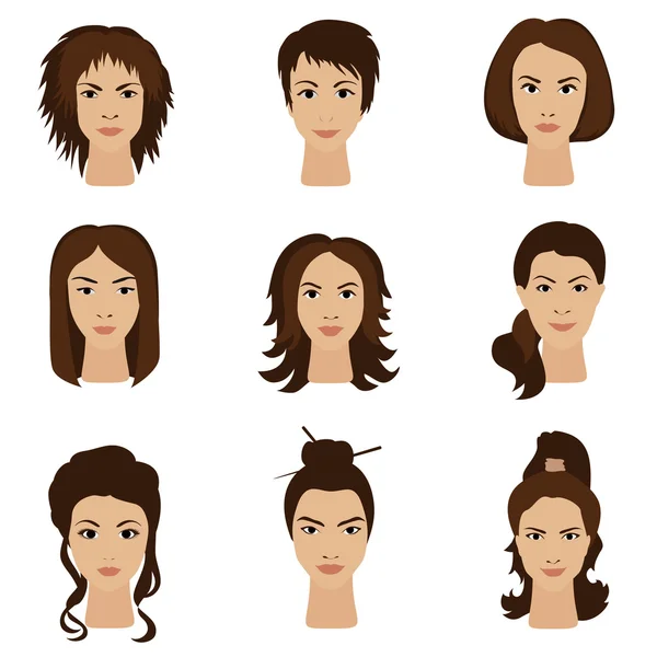 Young woman girls with various different hair style set. — Stock Vector