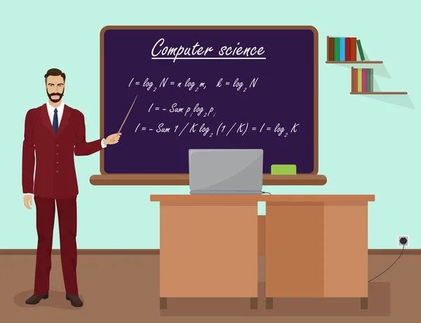School computer science mannelijke docent in doelgroepklasse concept. Vector illustratie. — Stockvector