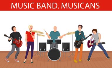 Vektör çizim müzisyenler müzik grubu. Genç rock grubu.
