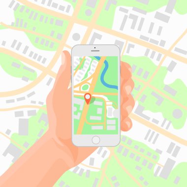 Smartphone cep telefonu gps navigasyon haritası vektör çizim elinde tutan adam.