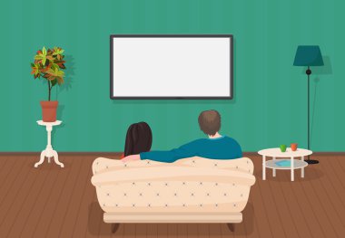 Tv programı birlikte oturma odasında izlerken kadın ve genç aile babası. Vektör çizim.