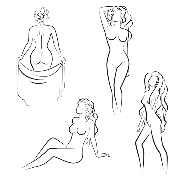 Hermosa línea de dibujo Siluetas de mujer desnuda posando. Ilustración vectorial — Vector de stock