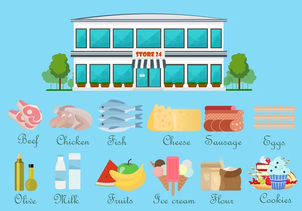 Vector illustration of Food, drink icons set or design elements with supermarket building store concept. — Stock Vector