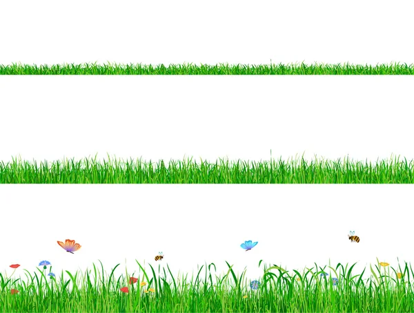 Green grass banner collections with flowers, butterflies and bees. — Stock Vector