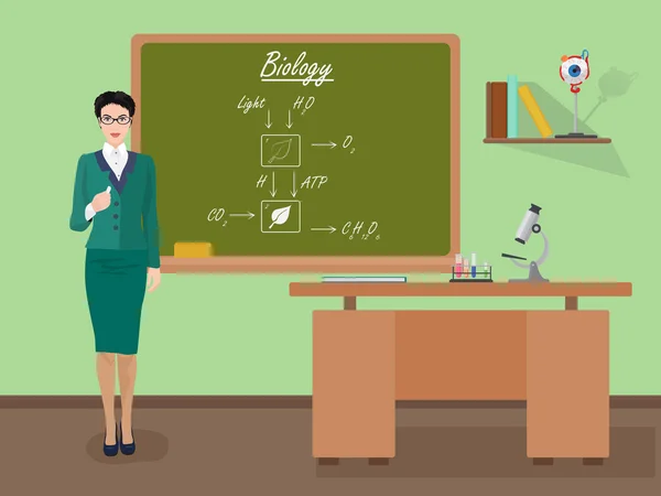 Biologi kvinnliga lärare i publiken klassbegreppet. Vektor illustration. — Stock vektor