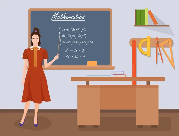 Escuela Matemáticas profesora en concepto de clase de audiencia. Ilustración vectorial . — Archivo Imágenes Vectoriales